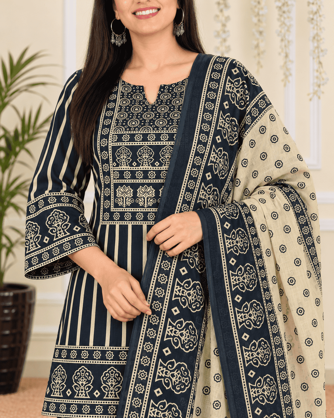 Dark Blue and Ivory Cotton Blend Kurta Pant and Dupatta