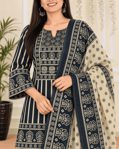 Dark Blue and Ivory Cotton Blend Kurta Pant and Dupatta