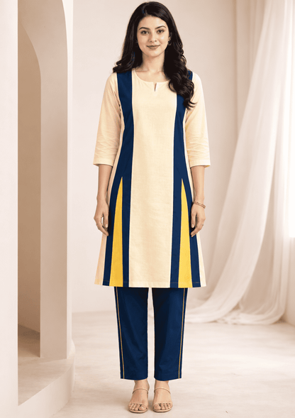 Cream cotton linen in navy colour block with inner lining kurta pant set