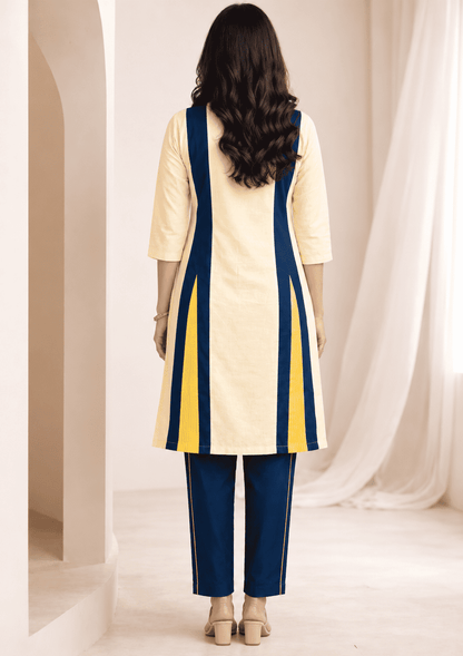 Cream cotton linen in navy colour block with inner lining kurta pant set