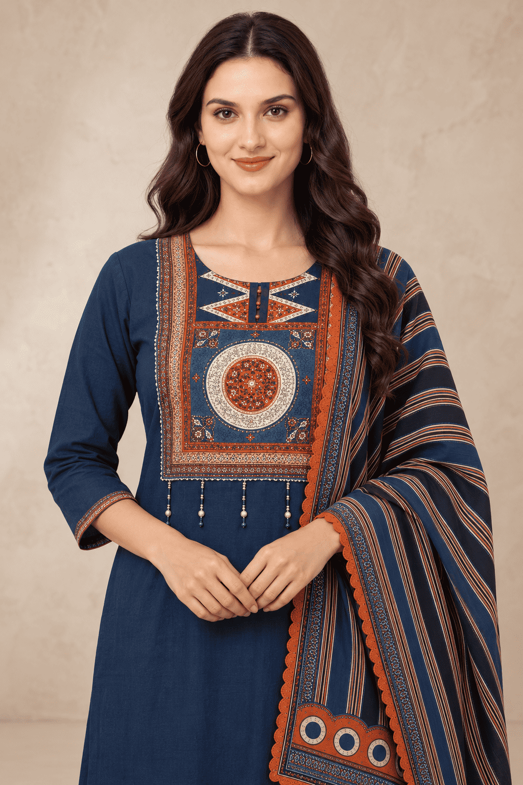 Navy blue cotton kurta pant set with rust printed dupatta