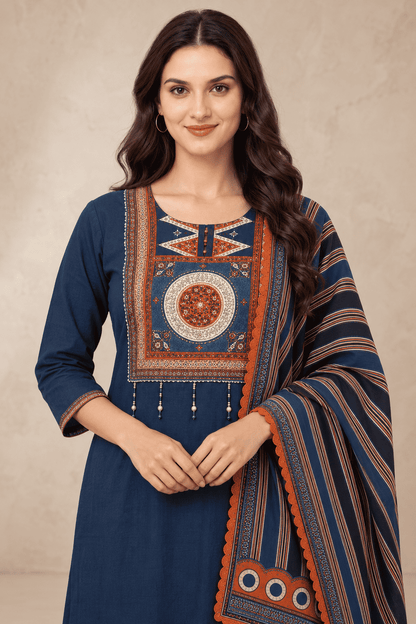 Navy blue cotton kurta pant set with rust printed dupatta