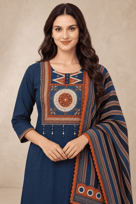 Navy blue cotton kurta pant set with rust printed dupatta