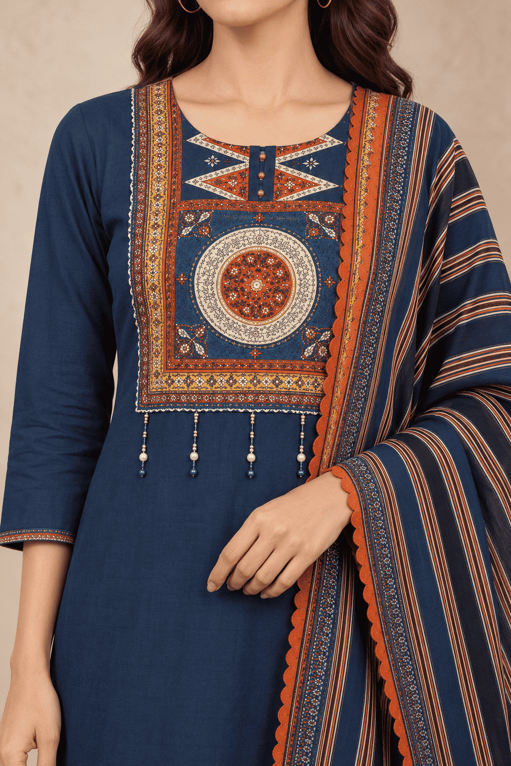 Navy blue cotton kurta pant set with rust printed dupatta