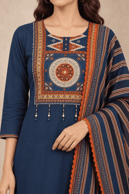Navy blue cotton kurta pant set with rust printed dupatta