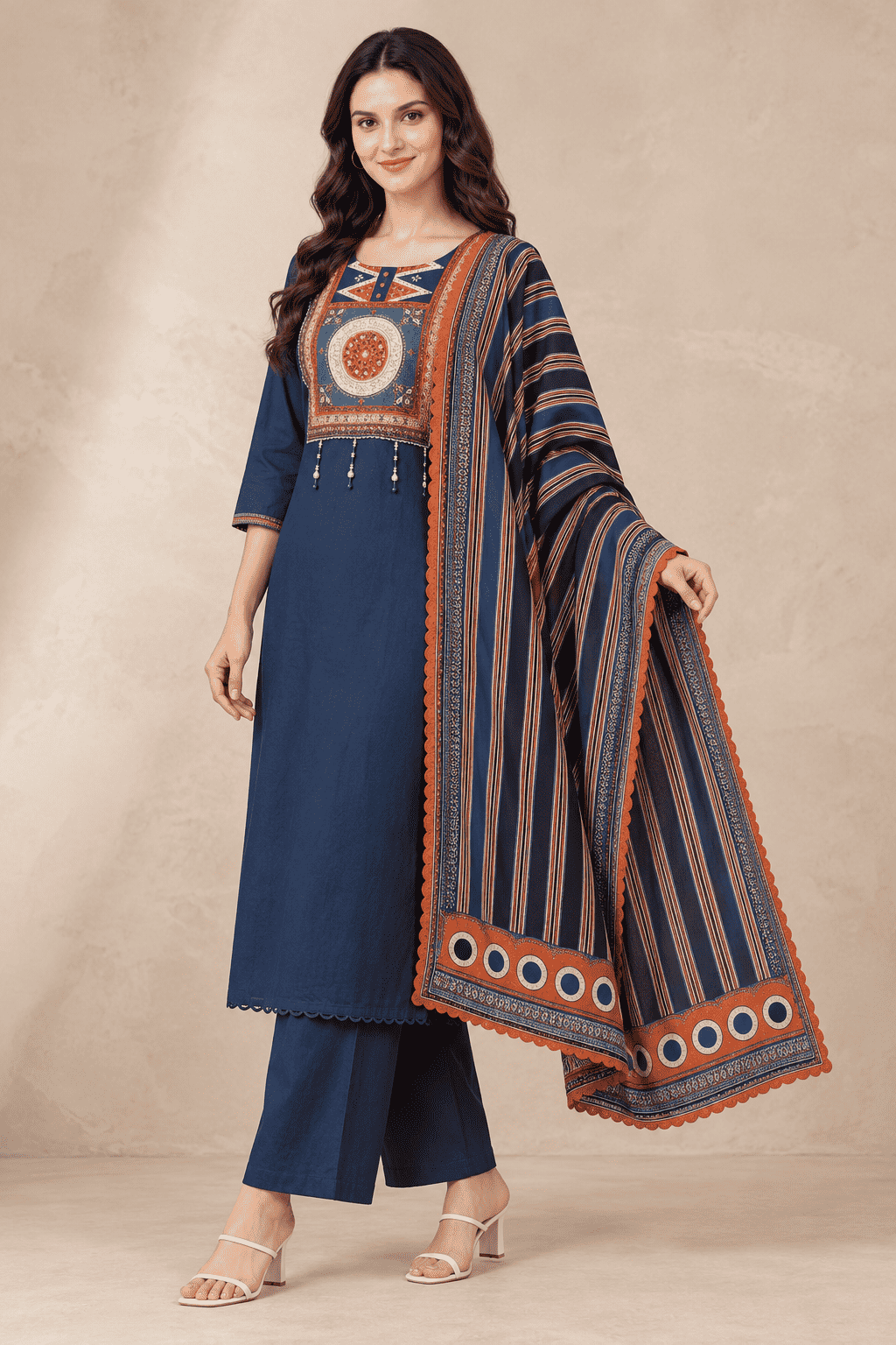 Navy blue cotton kurta pant set with rust printed dupatta