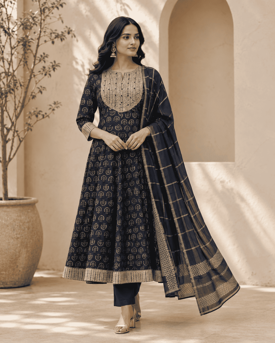 Navy Blue Printed Cotton Kurta Set With Matching Dupatta
