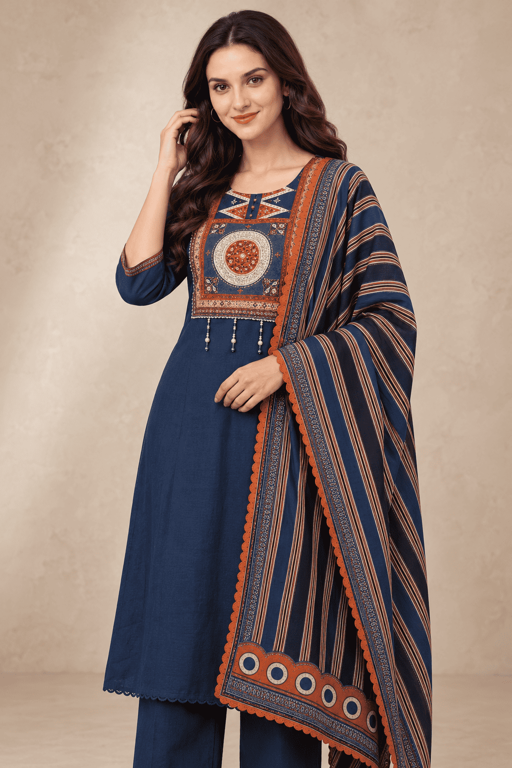 Navy blue cotton kurta pant set with rust printed dupatta
