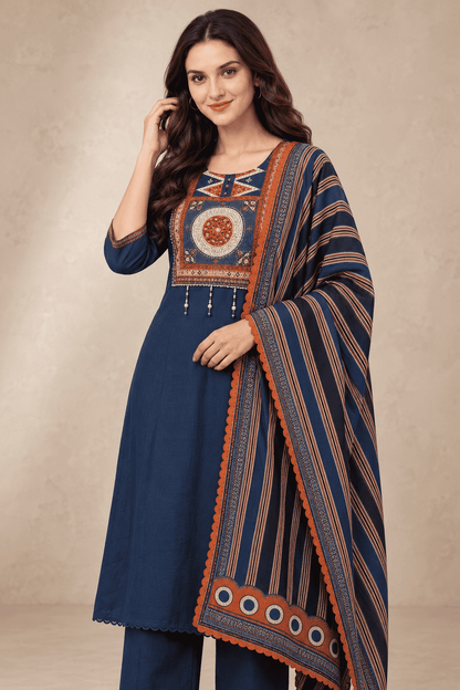 Navy blue cotton kurta pant set with rust printed dupatta