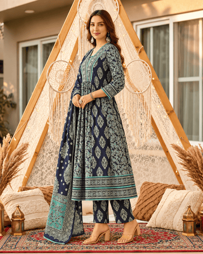 Navy Blue Sangneri Print Cotton Lawn Suit Set With a Coordinated Dupatta