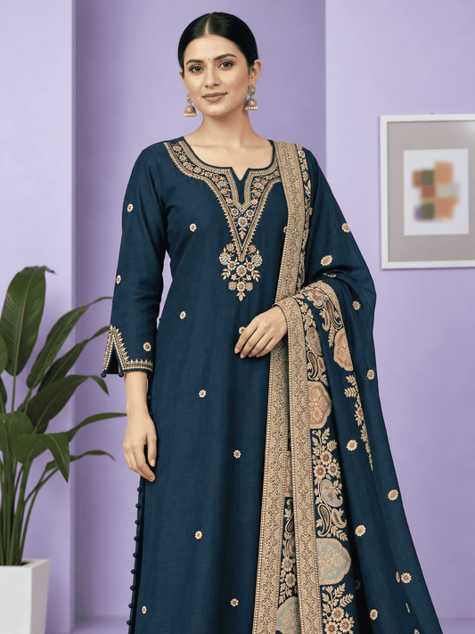 Navy Blue Embroidered Dola Silk Kurta and Pant with dupatta