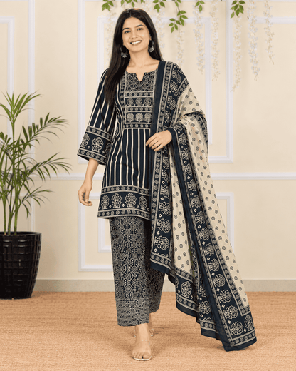 Dark Blue and Ivory Cotton Blend Kurta Pant and Dupatta