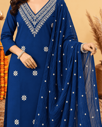 Navy Blue Embroidered Cotton Blend Kurta Pant and Dupatta