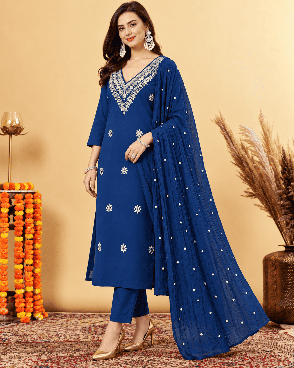 Navy Blue Embroidered Cotton Blend Kurta Pant and Dupatta