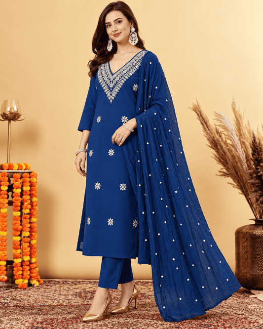 Navy Blue Embroidered Cotton Blend Kurta Pant and Dupatta