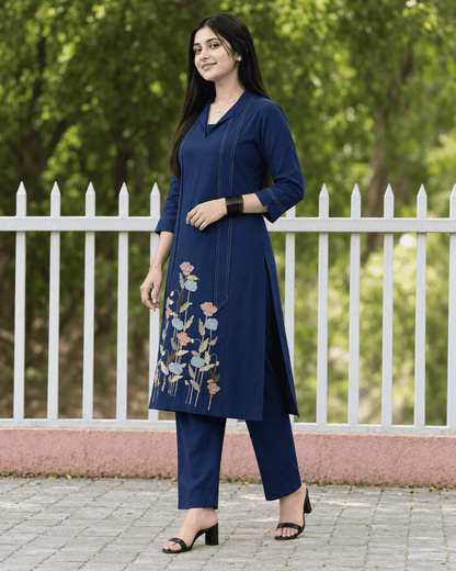 Navy Blue Modal Cotton Embroidered Kurta Pant Set