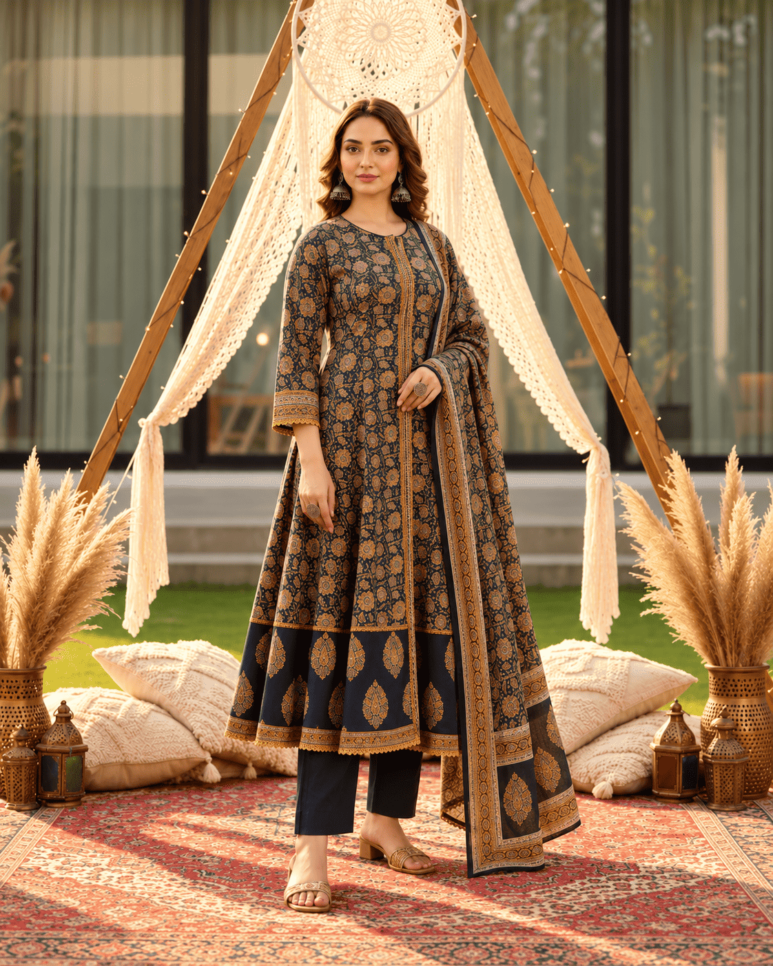 Navy and Mustard Floral Handblock Sangneri Cotton Kurta Set With Lightweight Dupatta