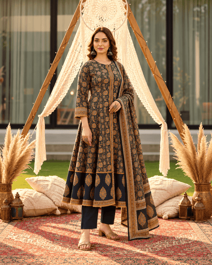 Navy and Mustard Floral Handblock Sangneri Cotton Kurta Set With Lightweight Dupatta