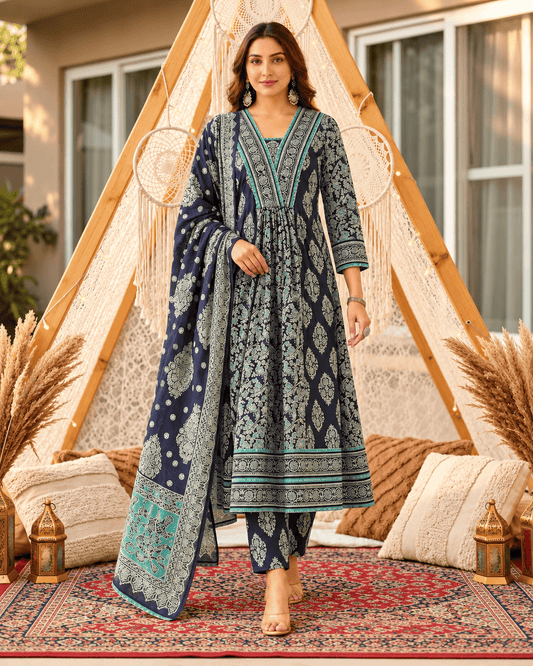 Navy Blue Sangneri Print Cotton Lawn Suit Set With a Coordinated Dupatta