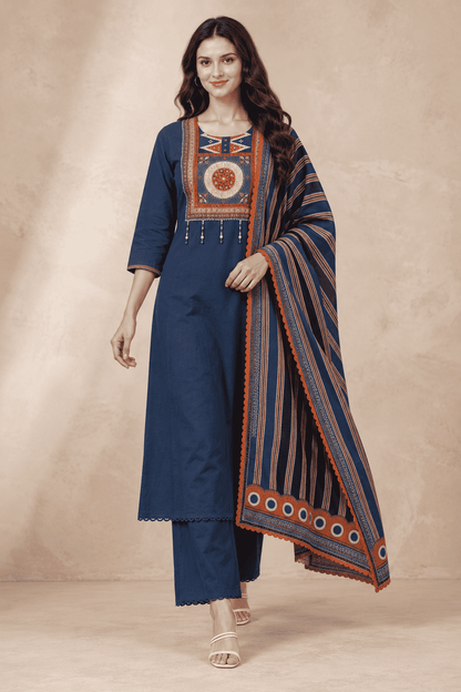Navy blue cotton kurta pant set with rust printed dupatta