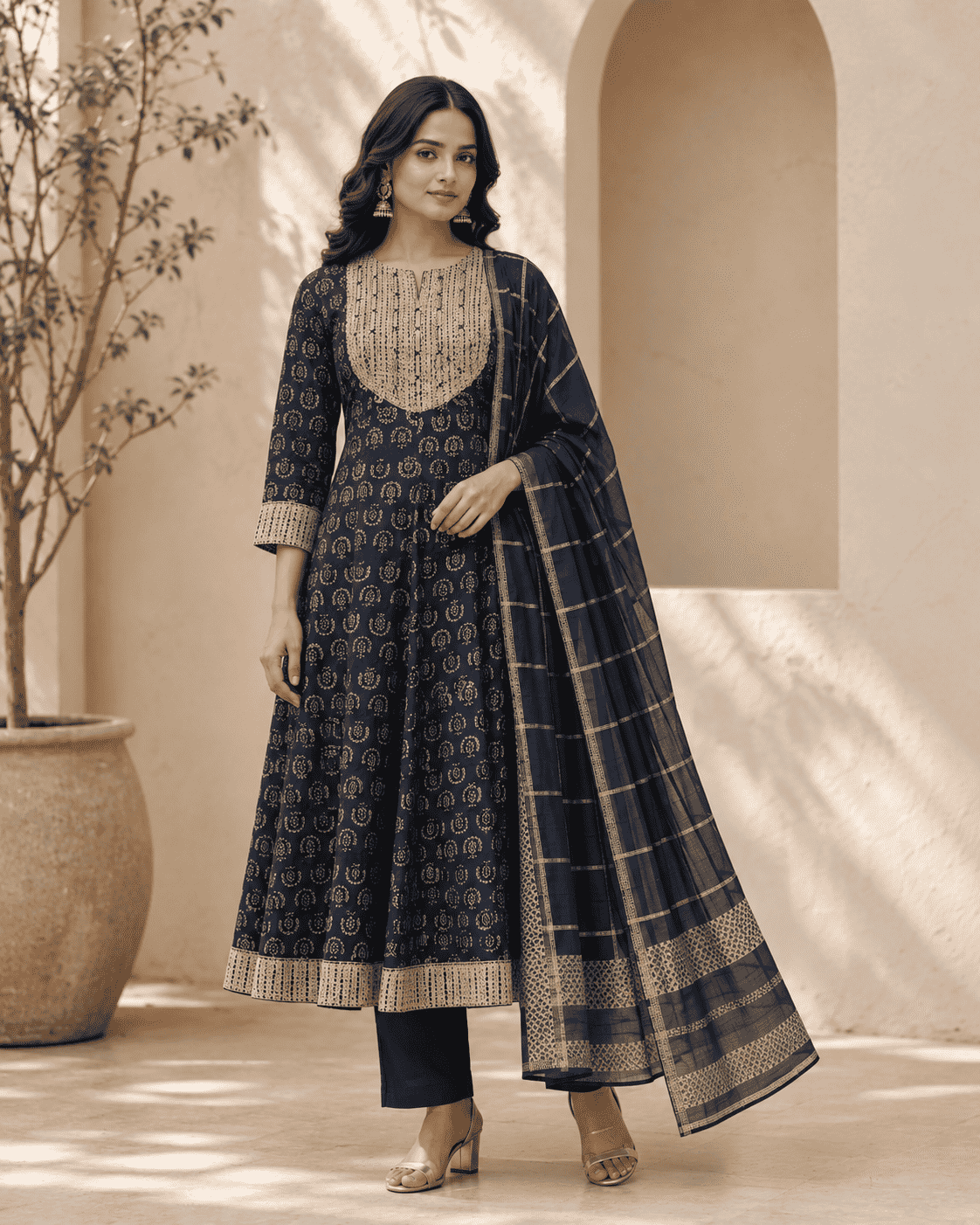 Navy Blue Printed Cotton Kurta Set With Matching Dupatta