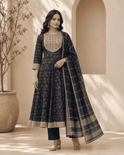 Navy Blue Printed Cotton Kurta Set With Matching Dupatta