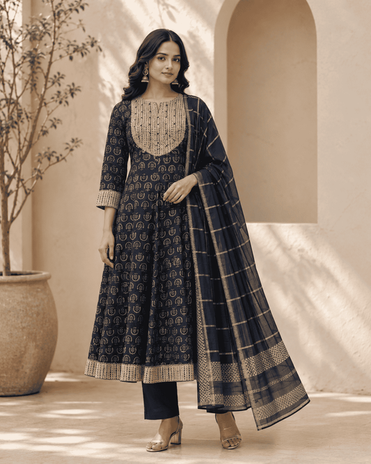 Navy Blue Printed Cotton Kurta Set With Matching Dupatta