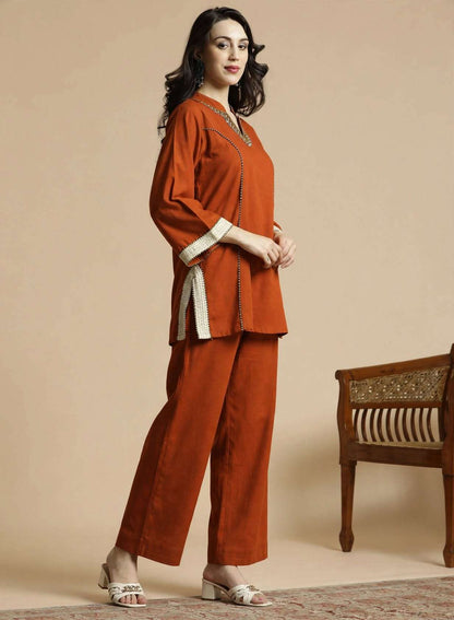 Orange Embroidered Cotton Flex Co-ord Set