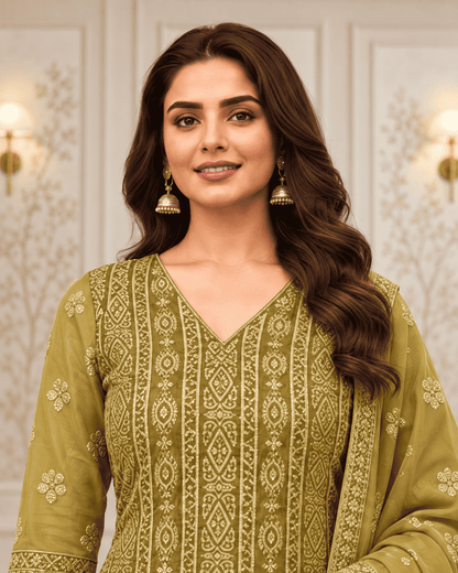 Unstitched Dusty Teal Green Viscose-Georgette Fabric Adorned With Delicate Ivory Thread Embroidered Suit Material