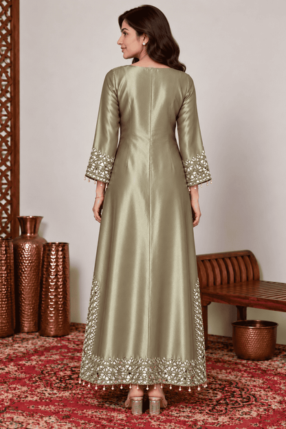 Golden Kareena Style Mirror Work Giraffe Silk Dress