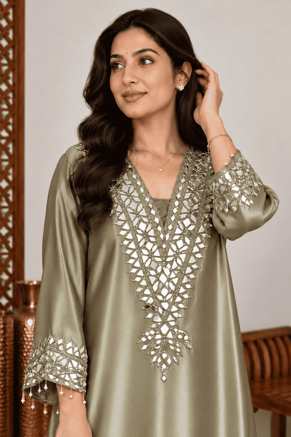 Golden Kareena Style Mirror Work Giraffe Silk Dress
