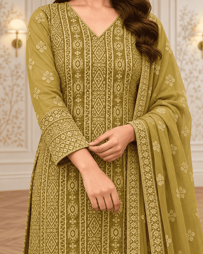Unstitched Dusty Teal Green Viscose-Georgette Fabric Adorned With Delicate Ivory Thread Embroidered Suit Material