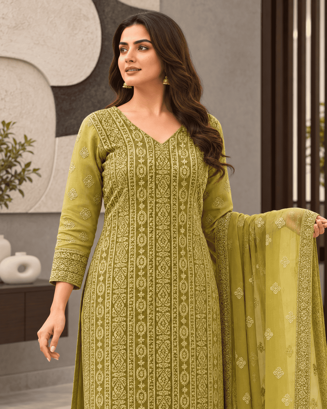 Unstitched Dusty Teal Green Viscose-Georgette Fabric Adorned With Delicate Ivory Thread Embroidered Suit Material
