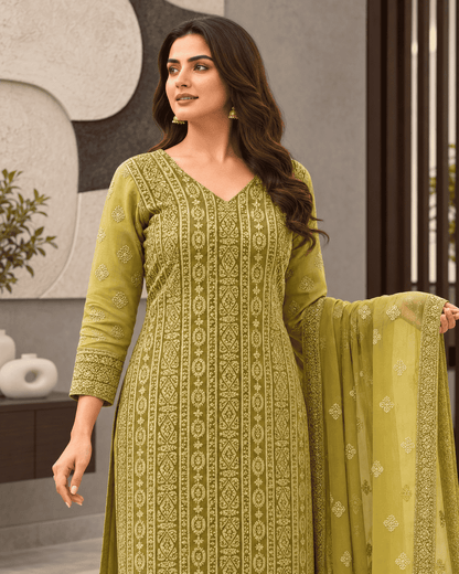 Unstitched Dusty Teal Green Viscose-Georgette Fabric Adorned With Delicate Ivory Thread Embroidered Suit Material