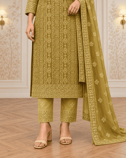 Unstitched Dusty Teal Green Viscose-Georgette Fabric Adorned With Delicate Ivory Thread Embroidered Suit Material