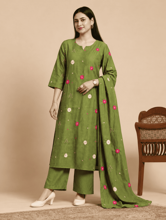 Mehendi Green Embroidered Crushed Palli Silk Kurta and Pant with Dupatta