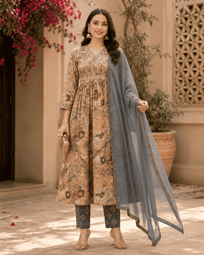 Olive Beige Cotton Blend Floral Kurta Set With Grey Dupatta