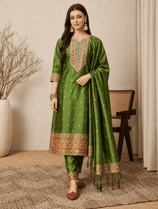 Mehendi Green Cotton Silk Embroidered Kurta Pant and Dupatta Set