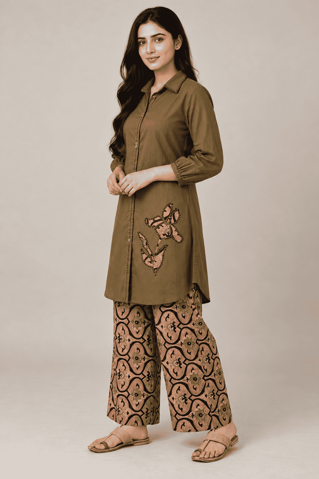 Mehendi Brown Cotton Kurta With Patchwork and Printed Pant Set