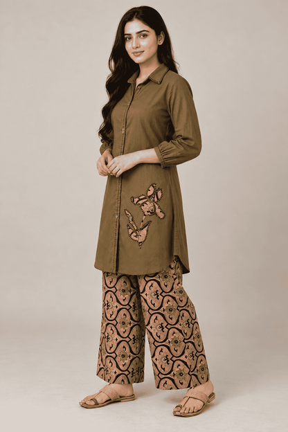 Mehendi Brown Cotton Kurta With Patchwork and Printed Pant Set