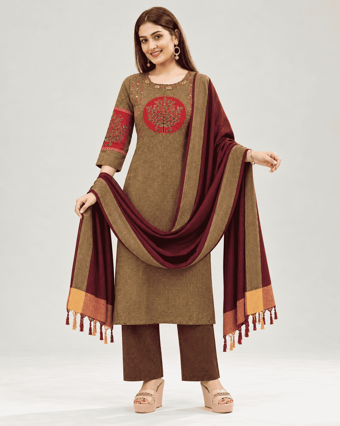 Brown and Maroon Embroidered kurta and pant with dupatta