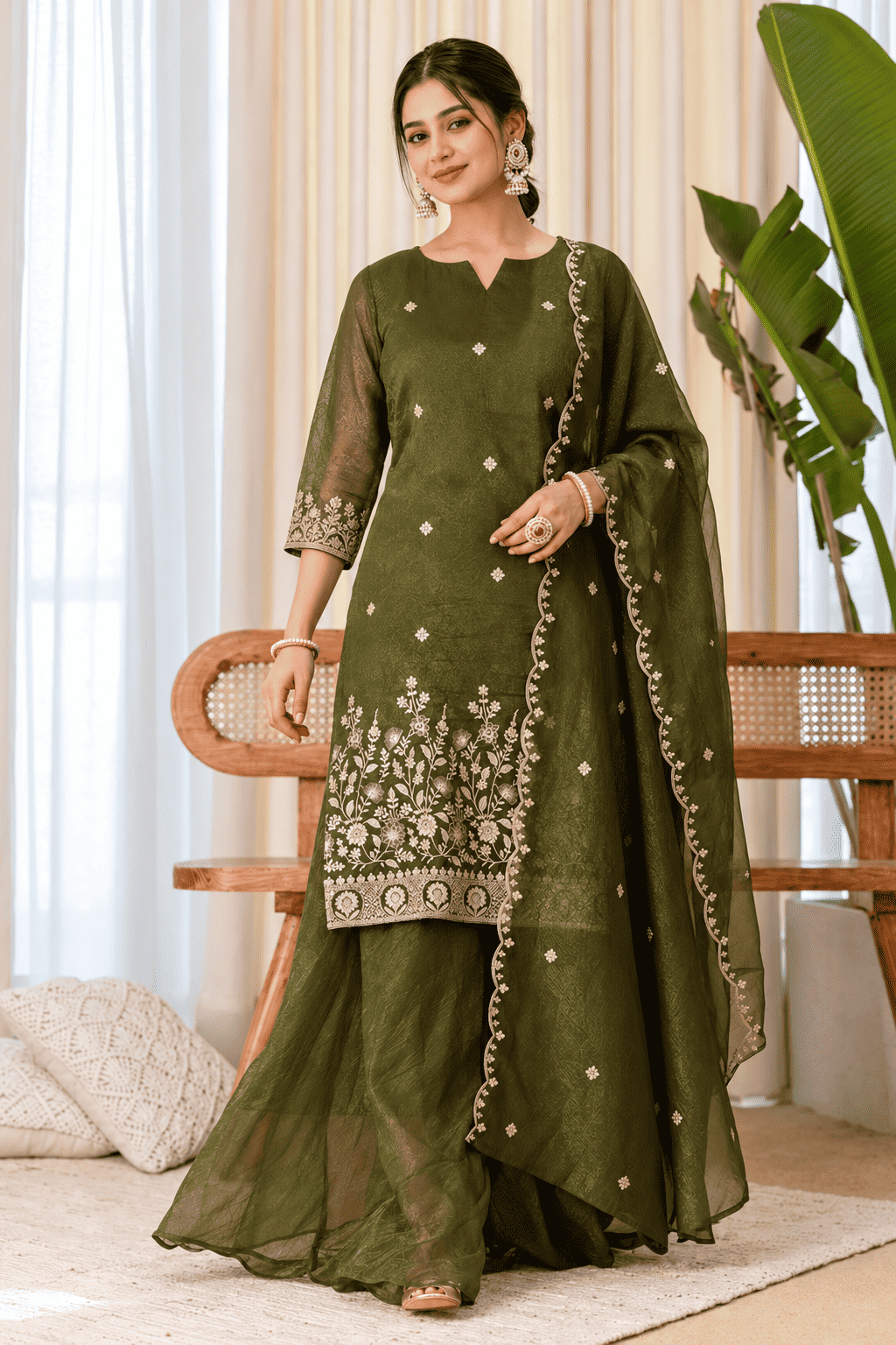 Mehendi Green Rangoli Crush Embroidered Kurta and Wide Palazzo with Dupatta