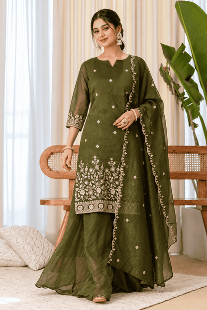 Mehendi Green Rangoli Crush Embroidered Kurta and Wide Palazzo with Dupatta