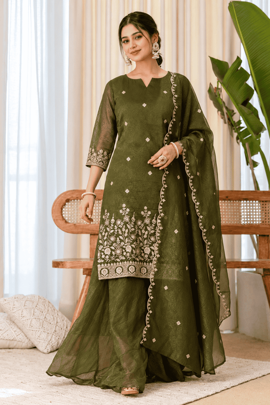 Mehendi Green Rangoli Crush Embroidered Kurta and Wide Palazzo with Dupatta