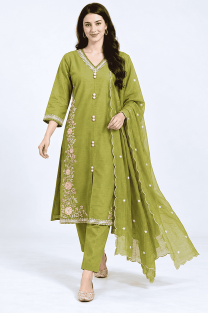 Olive Green Silk Embroidered Kurta pant Set with Dupatta