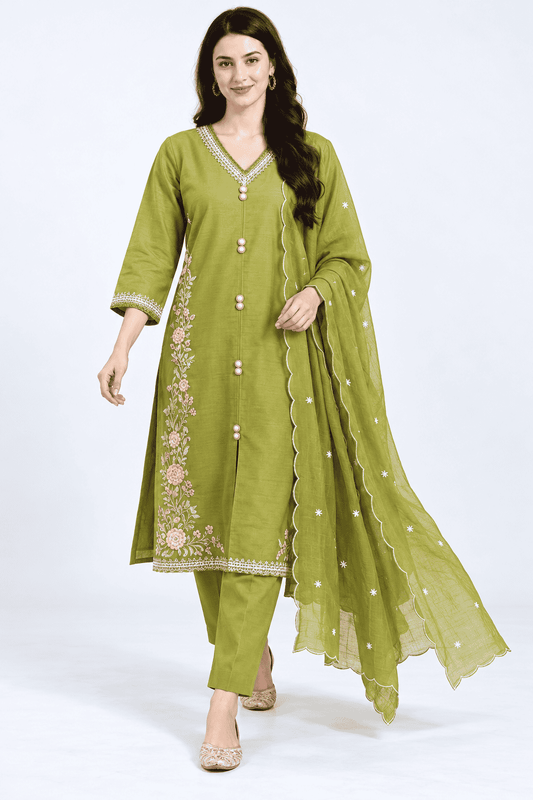 Olive Green Silk Embroidered Kurta pant Set with Dupatta