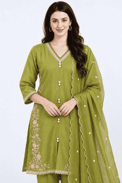 Olive Green Silk Embroidered Kurta pant Set with Dupatta