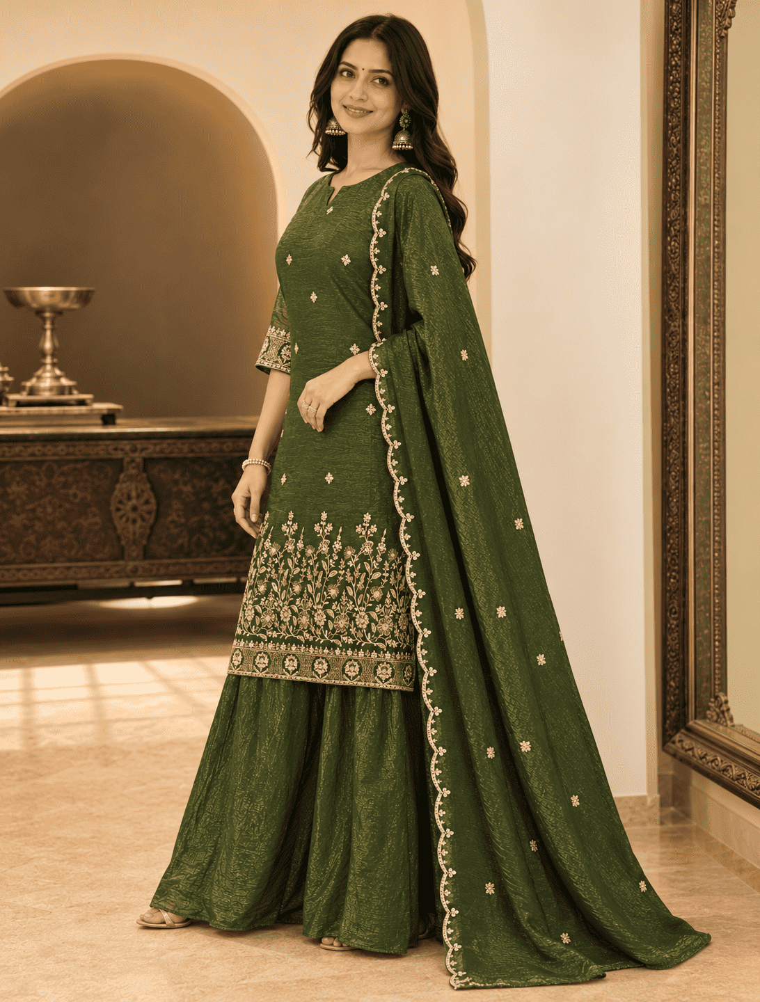Green Silk Blend Embroidered Kurta Palazzo Dupatta Set