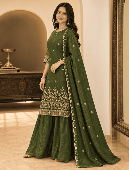 Green Silk Blend Embroidered Kurta Palazzo Dupatta Set