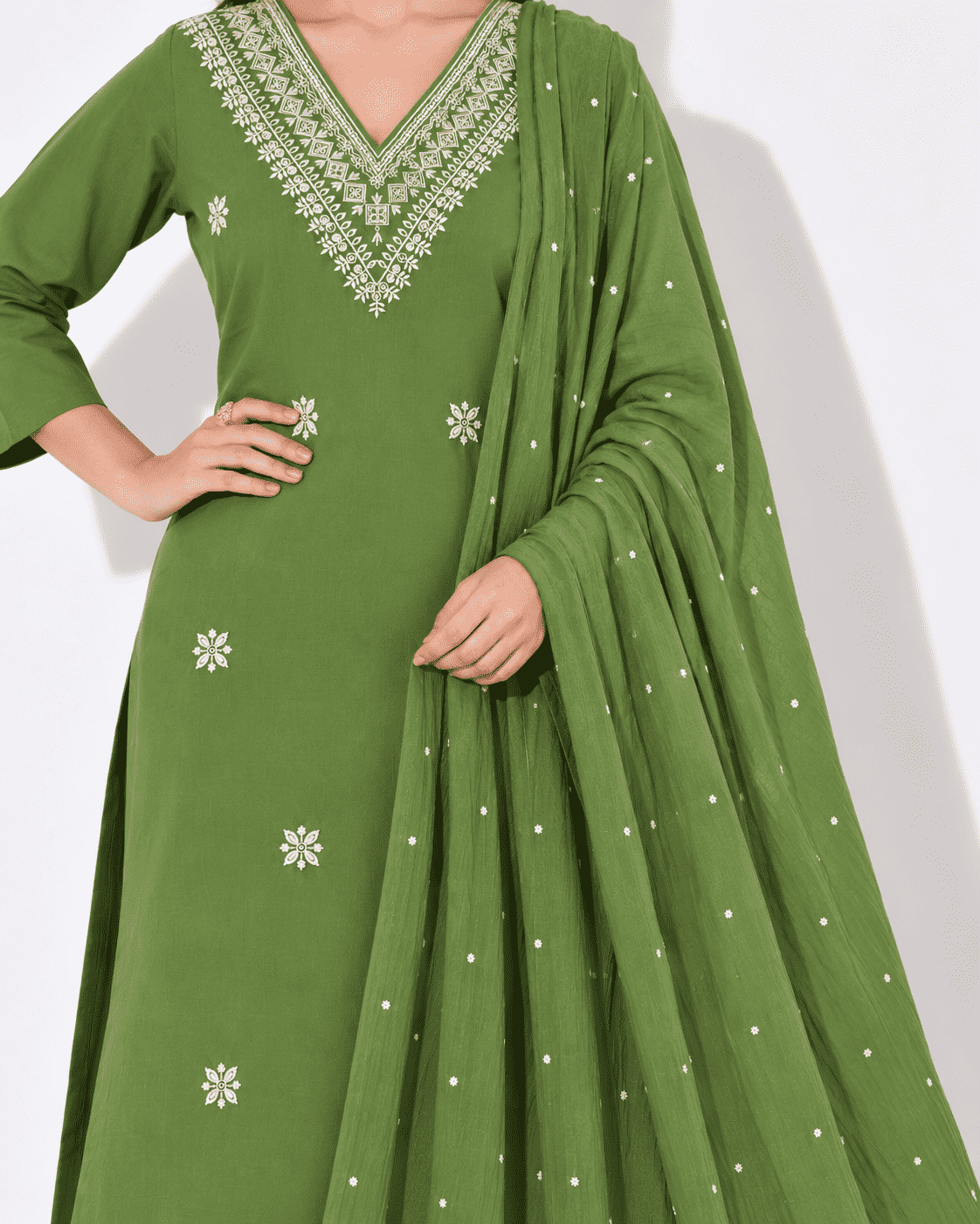 Green Embroidered Cotton Blend Kurta Pant and Dupatta